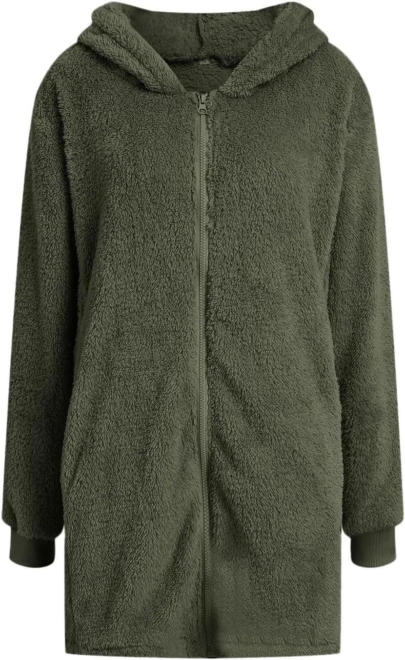 LCMTWX Womens Winter Fuzzy Fleece Jacket Outdoor Slim Outwear Office Casual Plush Cardigan Trendy Overcoat Hooded Coats