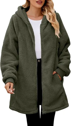 LCMTWX Womens Winter Fuzzy Fleece Jacket Outdoor Slim Outwear Office Casual Plush Cardigan Trendy Overcoat Hooded Coats