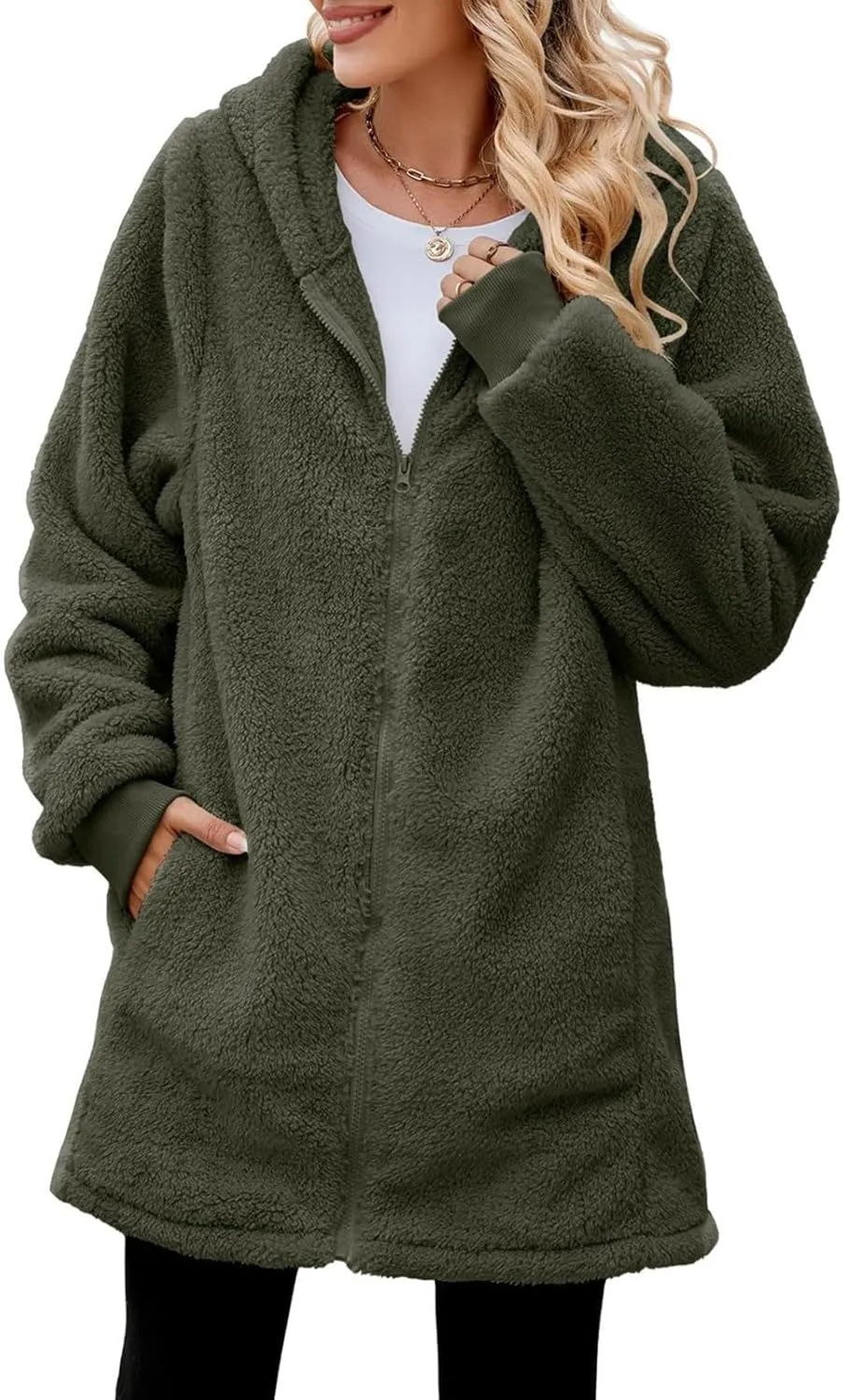 LCMTWX Womens Winter Fuzzy Fleece Jacket Outdoor Slim Outwear Office Casual Plush Cardigan Trendy Overcoat Hooded Coats