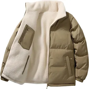 lcziwo Men's Reversible Puffer Jacket Sherpa Fleece Lined Warm Thick Quilted zip up Stand Collar cozy winter coat