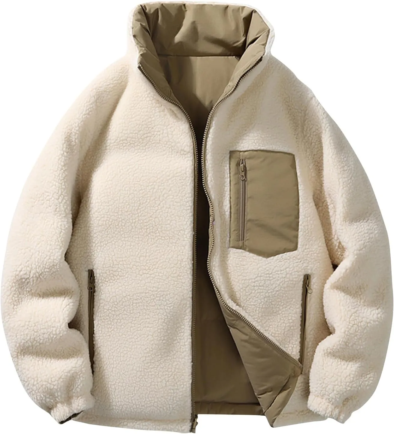 lcziwo Men's Reversible Puffer Jacket Sherpa Fleece Lined Warm Thick Quilted zip up Stand Collar cozy winter coat