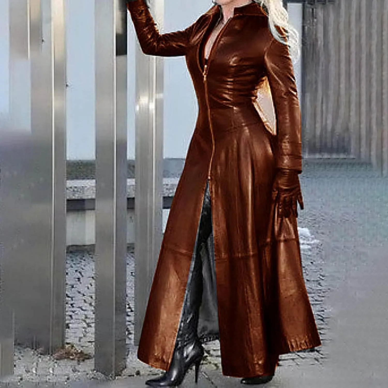 Leather Jacket Women Zip PU Long Trench Coats Long Sleeve Jackets Dress Motorcycle Faux Leather Going Out Outfits