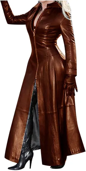 Leather Jacket Women Zip PU Long Trench Coats Long Sleeve Jackets Dress Motorcycle Faux Leather Going Out Outfits