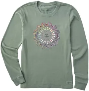 Life is Good. Women's Tie Dye Butterfly Daisy Mandala Long Sleeve Crusher Tee, Moss Green