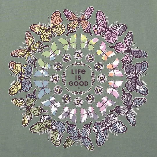 Life is Good. Women's Tie Dye Butterfly Daisy Mandala Long Sleeve Crusher Tee, Moss Green