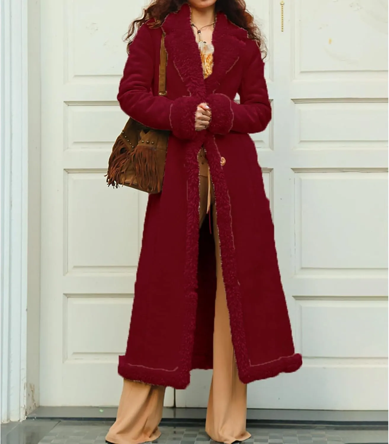Long Winter Coats for Women Faux Suede Leather Shearing Jacket Fuzzy Sherpa Lined Trench Coat Business Casual Overcoat