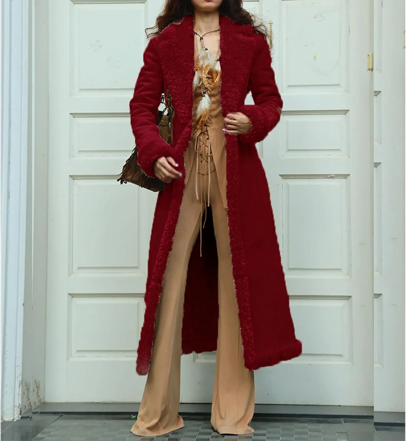 Long Winter Coats for Women Faux Suede Leather Shearing Jacket Fuzzy Sherpa Lined Trench Coat Business Casual Overcoat