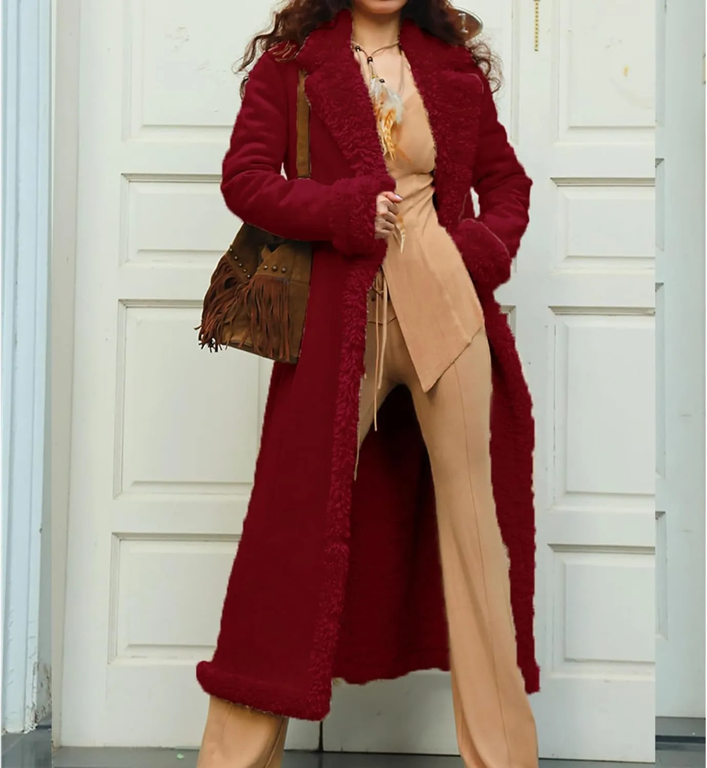 Long Winter Coats for Women Faux Suede Leather Shearing Jacket Fuzzy Sherpa Lined Trench Coat Business Casual Overcoat