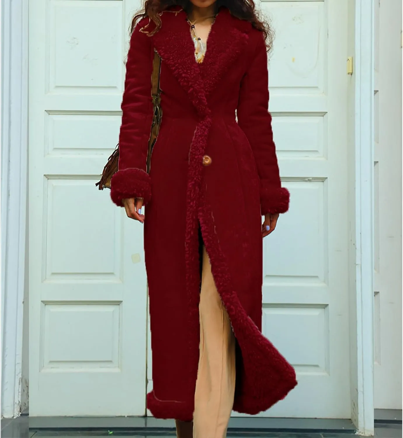Long Winter Coats for Women Faux Suede Leather Shearing Jacket Fuzzy Sherpa Lined Trench Coat Business Casual Overcoat