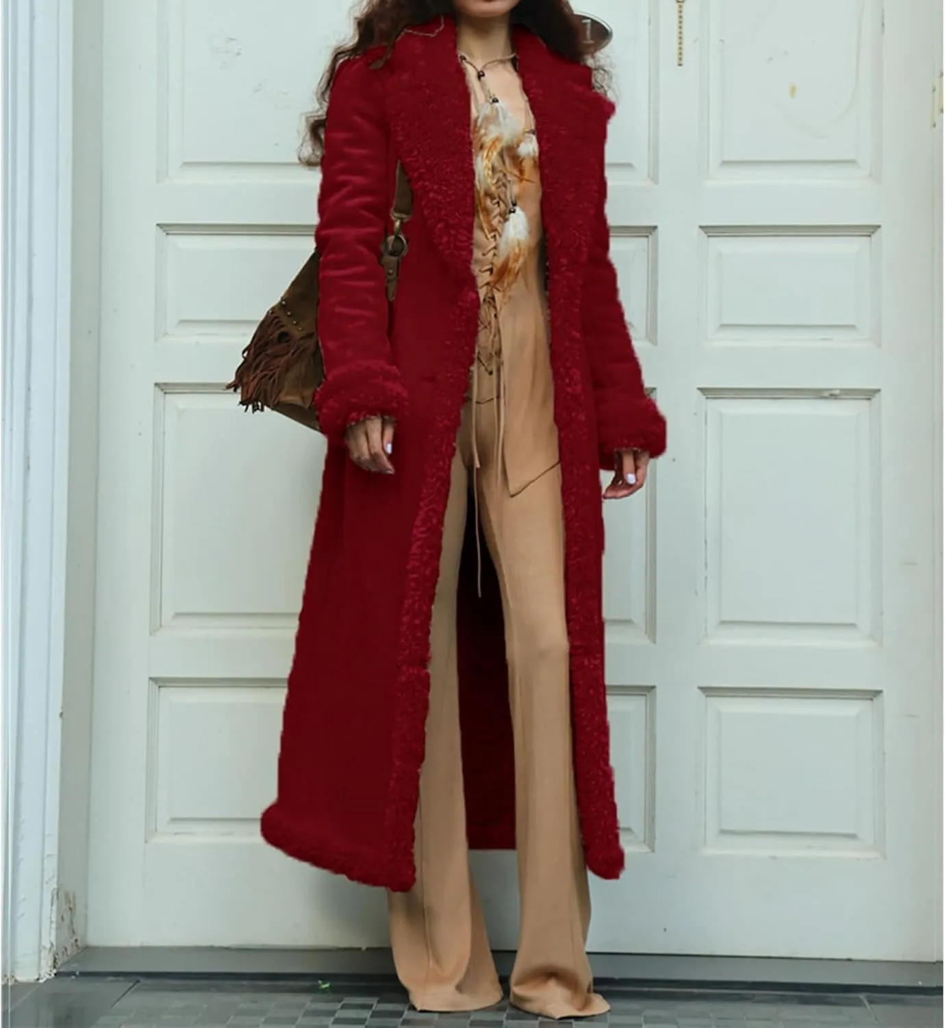 Long Winter Coats for Women Faux Suede Leather Shearing Jacket Fuzzy Sherpa Lined Trench Coat Business Casual Overcoat