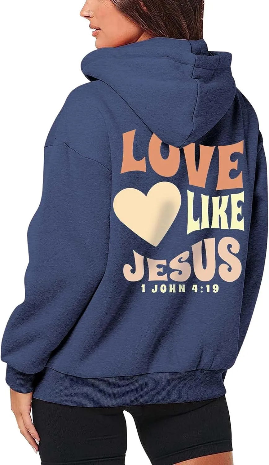 Love Like Jesus Zip Up Christian Hoodies for Women Bible Verse Graphic Y2K Hooded Sweatshirt Coat Fall Fashion Comfort Hoodie