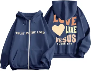 Love Like Jesus Zip Up Christian Hoodies for Women Bible Verse Graphic Y2K Hooded Sweatshirt Coat Fall Fashion Comfort Hoodie