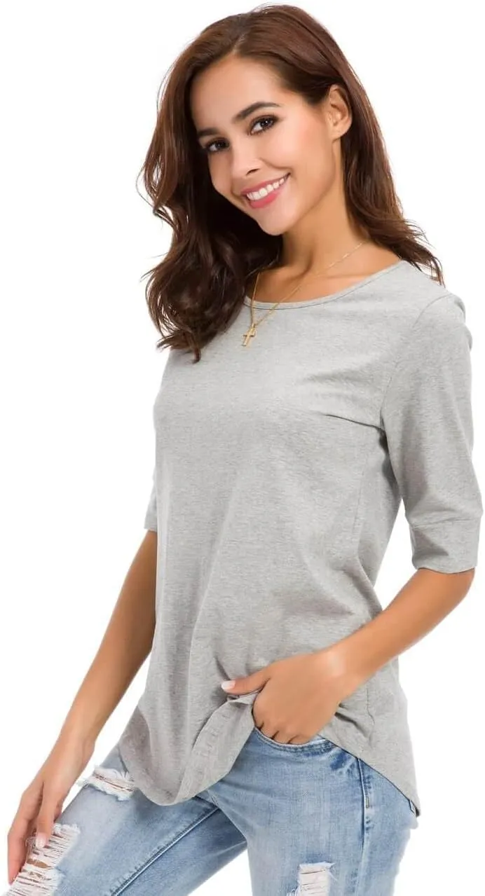 LUSMAY Womens Cotton Tops Summer Casual Fitted T Shirt Half Sleeve Tunic Comfy Tee