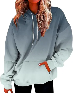 maisdgop Hoodies for Women Drawstring Pullover with Pocket Gradient Print Oversized Sweatshirt Casual Crewneck Hooded Tops