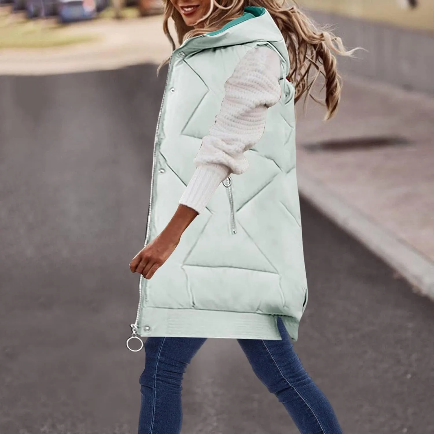 maisdgop Womens Long Puffer Vest Plus Size Zipper Down Jacket Coat 2024 Fashion Winter Cotton Padded Warm Hooded Outerwear