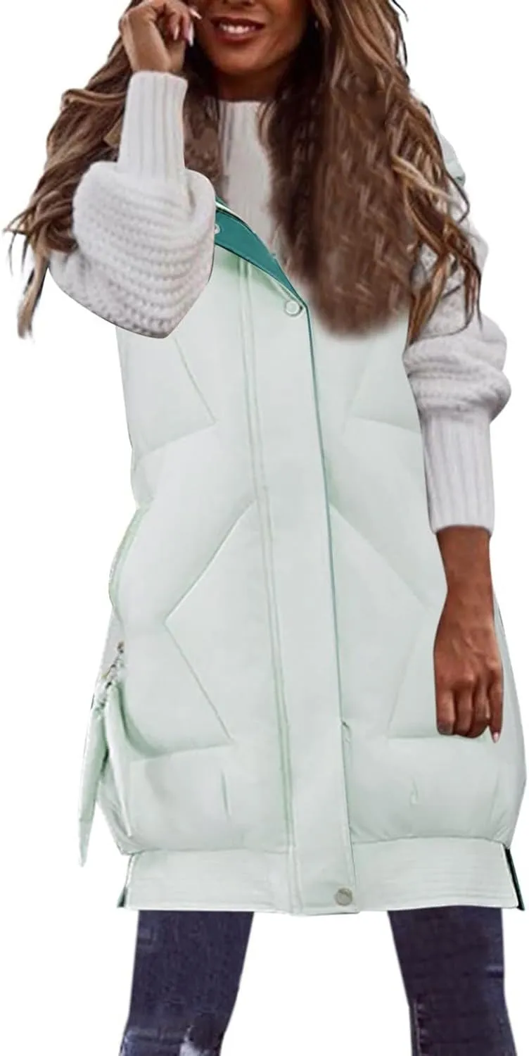 maisdgop Womens Long Puffer Vest Plus Size Zipper Down Jacket Coat 2024 Fashion Winter Cotton Padded Warm Hooded Outerwear