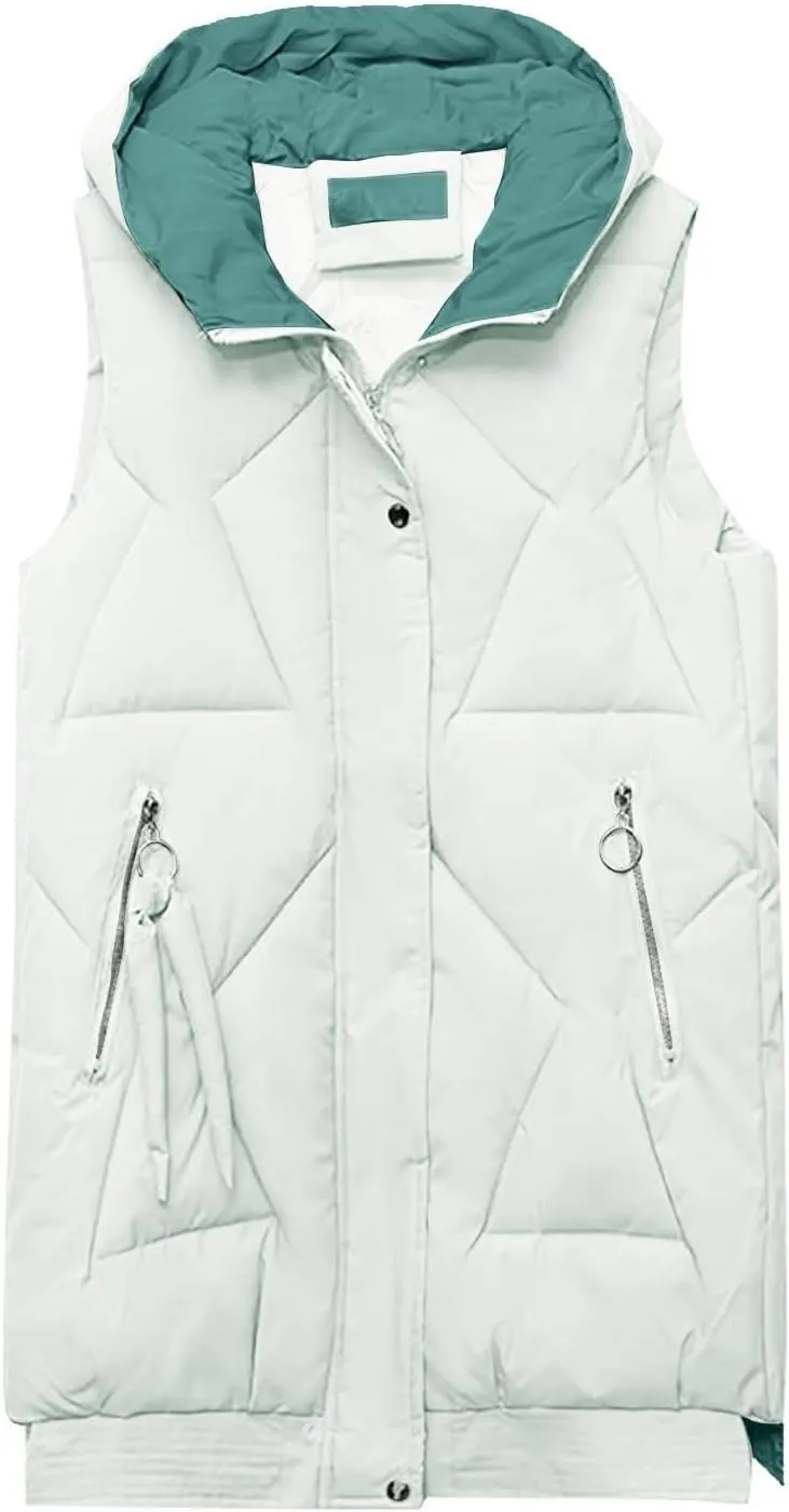 maisdgop Womens Long Puffer Vest Plus Size Zipper Down Jacket Coat 2024 Fashion Winter Cotton Padded Warm Hooded Outerwear