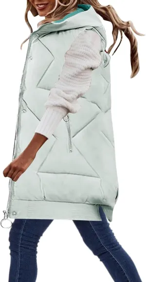maisdgop Womens Long Puffer Vest Plus Size Zipper Down Jacket Coat 2024 Fashion Winter Cotton Padded Warm Hooded Outerwear
