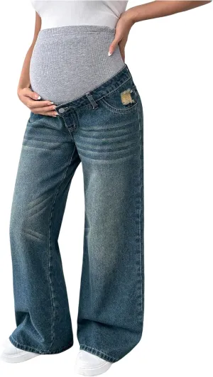 MakeMeChic Women's Maternity Bootcut Jeans Wide Leg Over The Belly Straight Pregnancy Denim Pants