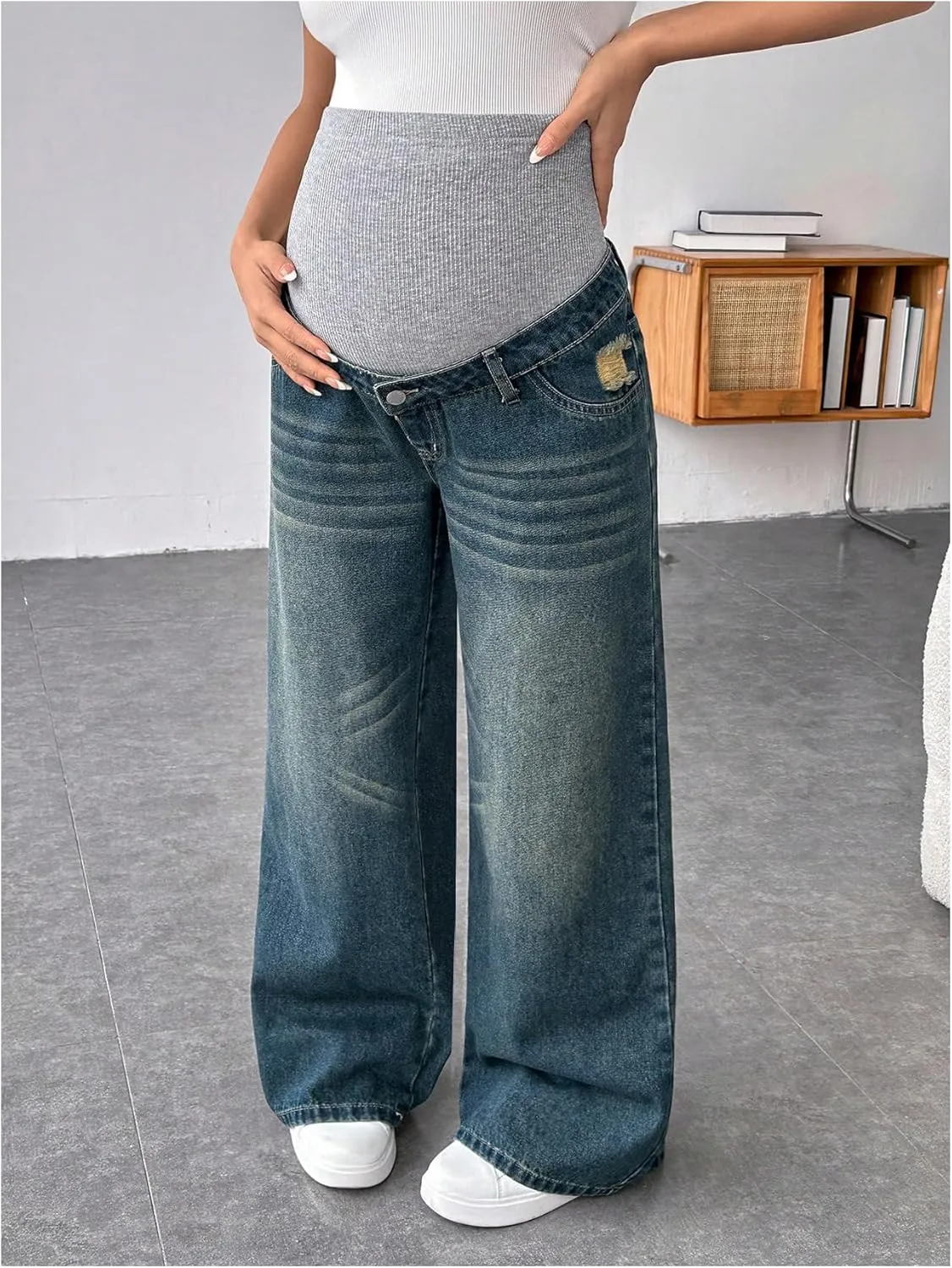 MakeMeChic Women's Maternity Bootcut Jeans Wide Leg Over The Belly Straight Pregnancy Denim Pants