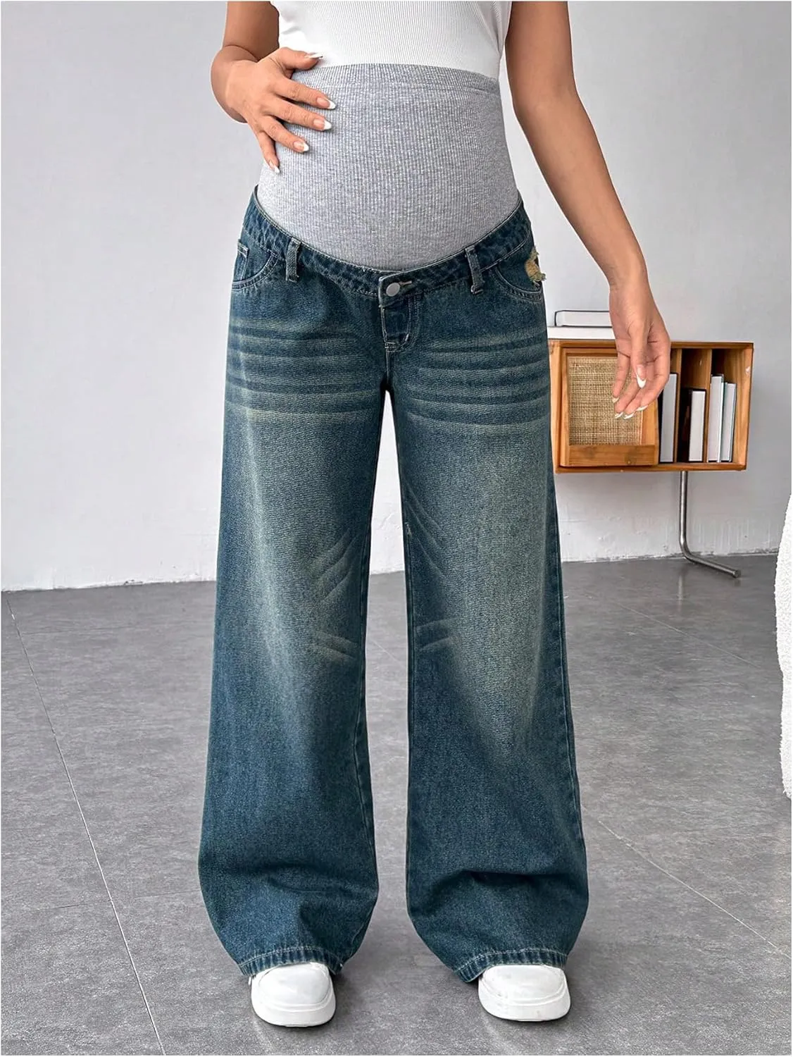 MakeMeChic Women's Maternity Bootcut Jeans Wide Leg Over The Belly Straight Pregnancy Denim Pants