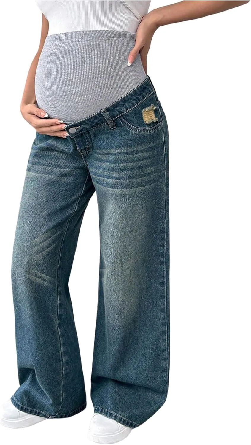 MakeMeChic Women's Maternity Bootcut Jeans Wide Leg Over The Belly Straight Pregnancy Denim Pants