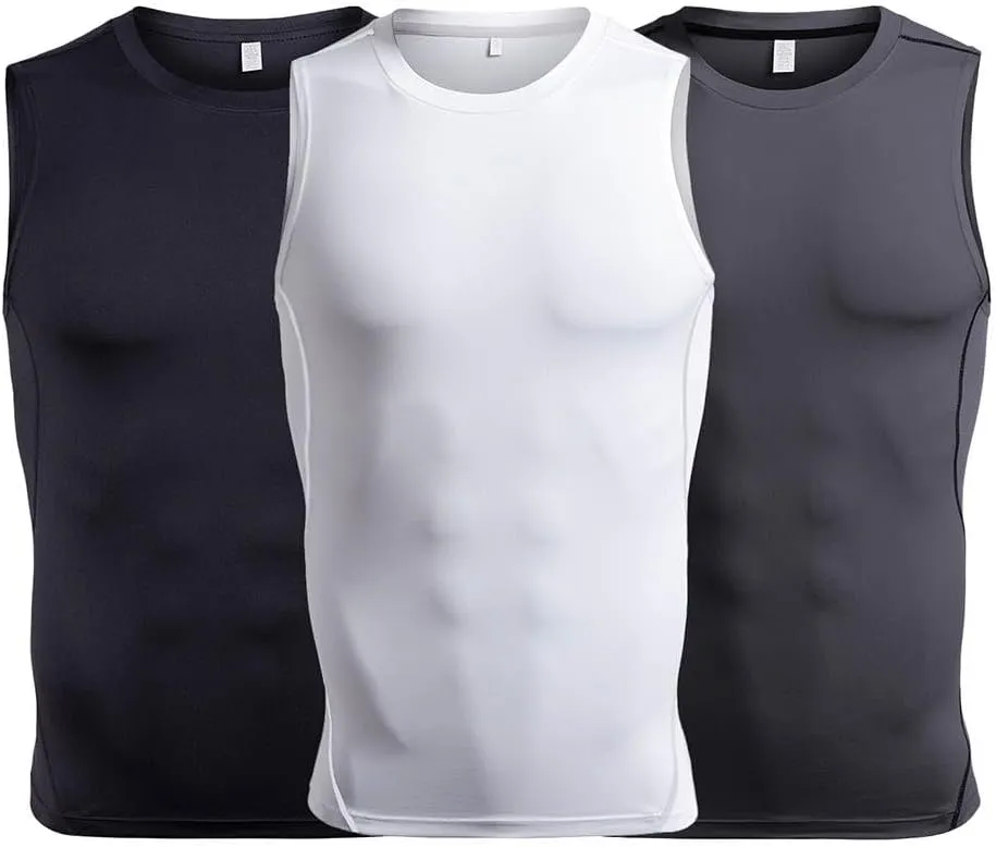 Men 3pack Compression Tank Top, Slimming Undershirt, Under Armor Compression Shirt Pack Athletic Base Layer Sport Tank Top