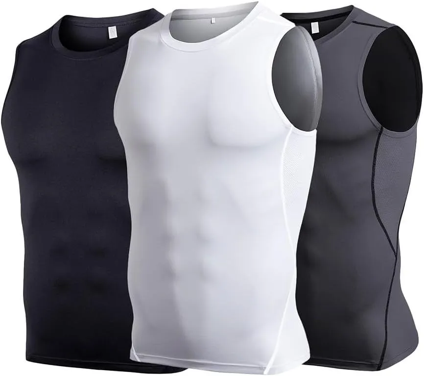 Men 3pack Compression Tank Top, Slimming Undershirt, Under Armor Compression Shirt Pack Athletic Base Layer Sport Tank Top