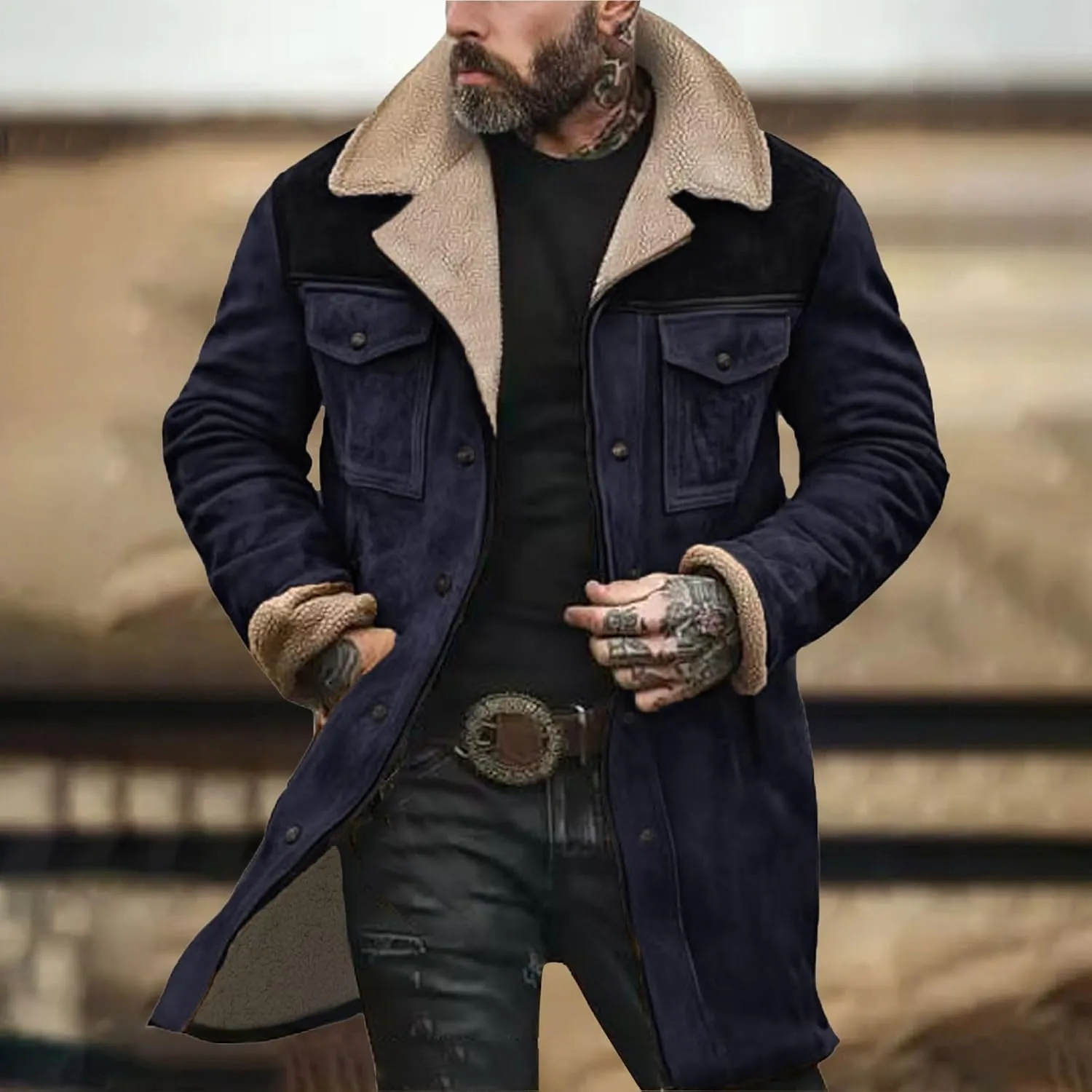 Men Vintage Suede Jacket Plush Collar Coats Faux Leather Jacket Men Zip Up Motorcycle Jacket Coats Retro Tops