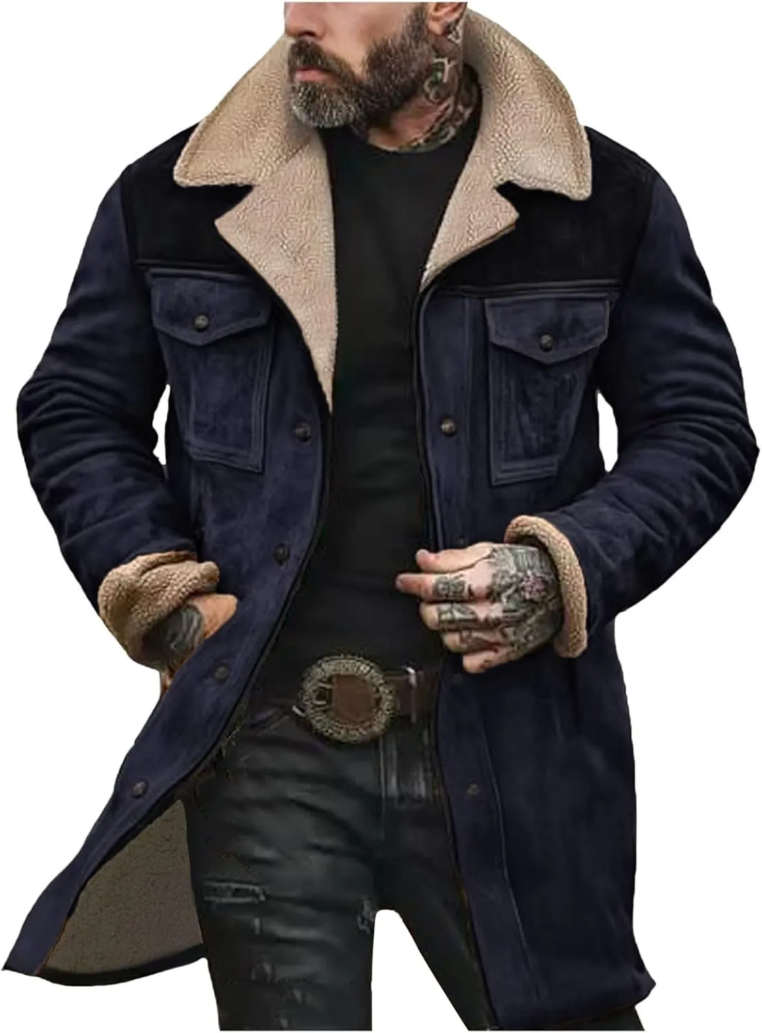 Men Vintage Suede Jacket Plush Collar Coats Faux Leather Jacket Men Zip Up Motorcycle Jacket Coats Retro Tops