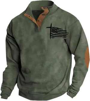 Men's American Flag Graphic Sweatshirts Western Aztec Print Vintage Top Henley Button Patchwork Pullover Sweaters