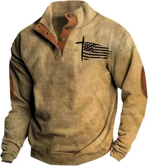 Men's American Flag Graphic Sweatshirts Western Aztec Print Vintage Top Henley Button Patchwork Pullover Sweaters