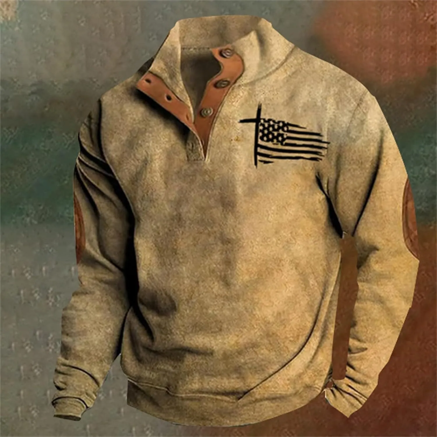Men's American Flag Graphic Sweatshirts Western Aztec Print Vintage Top Henley Button Patchwork Pullover Sweaters