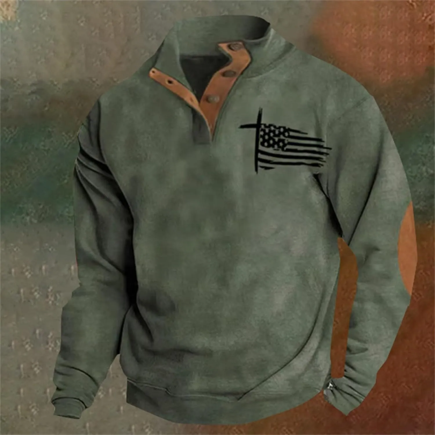 Men's American Flag Graphic Sweatshirts Western Aztec Print Vintage Top Henley Button Patchwork Pullover Sweaters