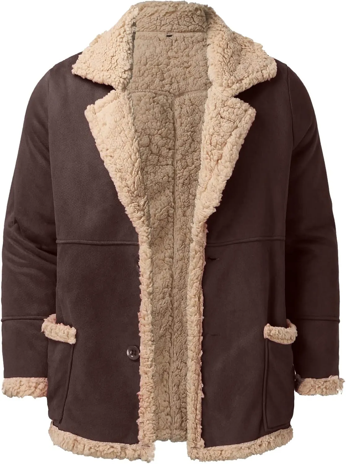 Mens Faux Leather Jacket Cozy Sherpa Fleece Lined Bomber Jackets Winter Coat Heavyweight Suede Faux Fur Trench Coat