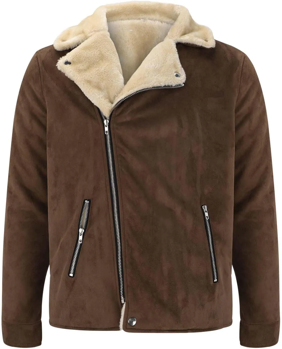 Mens Faux Suede Leather Jackets Spread Collar Motorcycle Sherpa Bomber Jackets Notch Lapel Biker Motorcycle Zip Up Coats