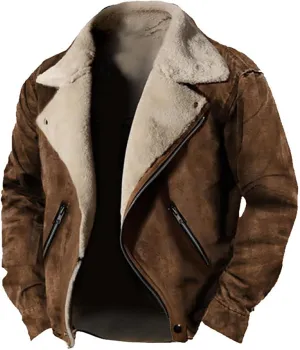 Mens Faux Suede Leather Jackets Spread Collar Motorcycle Sherpa Bomber Jackets Notch Lapel Biker Motorcycle Zip Up Coats