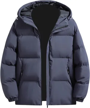 Men's Hooded Winter Coat Casual Thicken Cotton Warm Hooded Puffer Jacket Quilted Zipper Padded Down Coats with Pocket