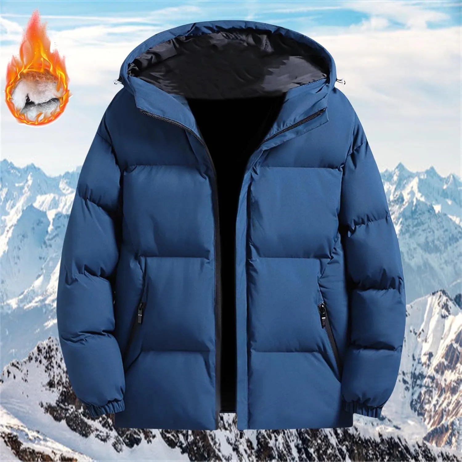 Men's Hooded Winter Coat Casual Thicken Cotton Warm Hooded Puffer Jacket Quilted Zipper Padded Down Coats with Pocket