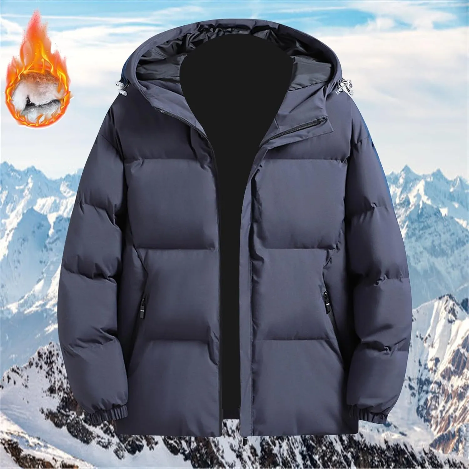 Men's Hooded Winter Coat Casual Thicken Cotton Warm Hooded Puffer Jacket Quilted Zipper Padded Down Coats with Pocket