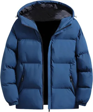 Men's Hooded Winter Coat Casual Thicken Cotton Warm Hooded Puffer Jacket Quilted Zipper Padded Down Coats with Pocket