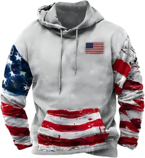 Men's Hoodies Patriotic Pullover USA Flag Print Drawstring Sweatshirts Cargo Long Sleeve Workout Graphic Sweatshirt
