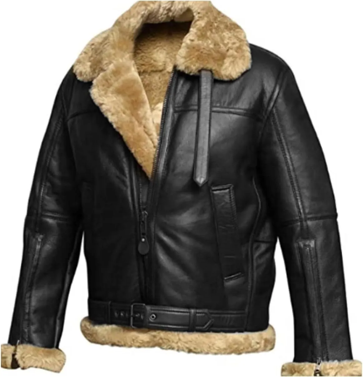 Mens Leather Bomber Jacket Faux Suede Fur Collar Jacket Shearling Sheepskin Trucker Coat Thicken Warm Coat Outwear