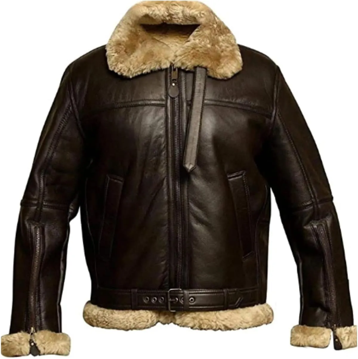 Mens Leather Bomber Jacket Faux Suede Fur Collar Jacket Shearling Sheepskin Trucker Coat Thicken Warm Coat Outwear