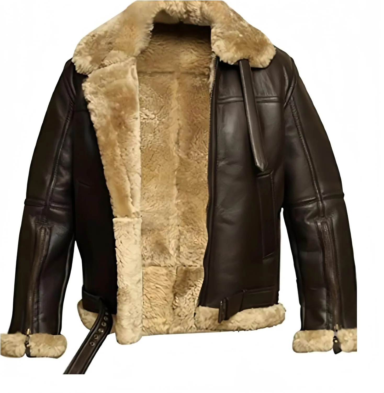Mens Leather Bomber Jacket Faux Suede Fur Collar Jacket Shearling Sheepskin Trucker Coat Thicken Warm Coat Outwear