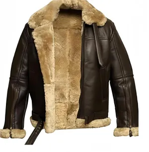 Mens Leather Bomber Jacket Faux Suede Fur Collar Jacket Shearling Sheepskin Trucker Coat Thicken Warm Coat Outwear