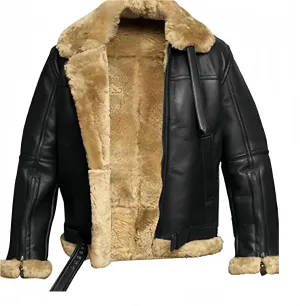 Mens Leather Bomber Jacket Faux Suede Fur Collar Jacket Shearling Sheepskin Trucker Coat Thicken Warm Coat Outwear