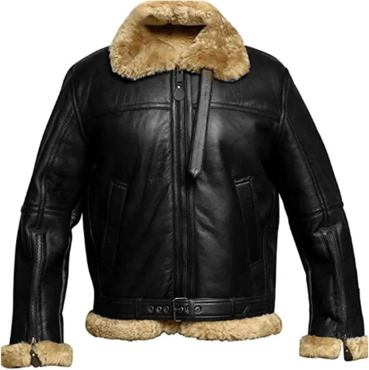 Mens Leather Bomber Jacket Faux Suede Fur Collar Jacket Shearling Sheepskin Trucker Coat Thicken Warm Coat Outwear