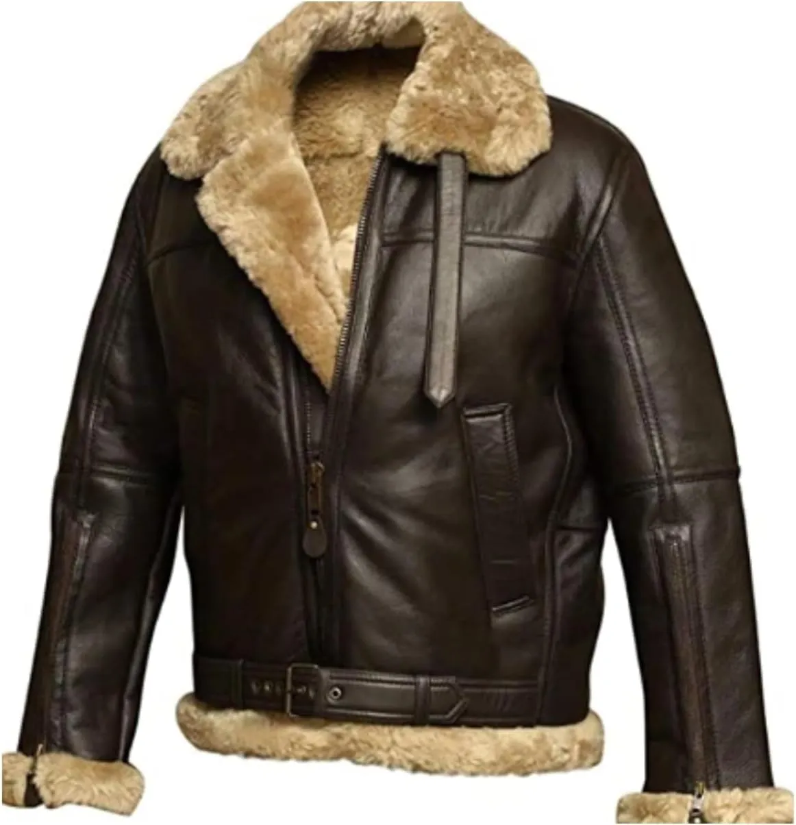 Mens Leather Bomber Jacket Faux Suede Fur Collar Jacket Shearling Sheepskin Trucker Coat Thicken Warm Coat Outwear