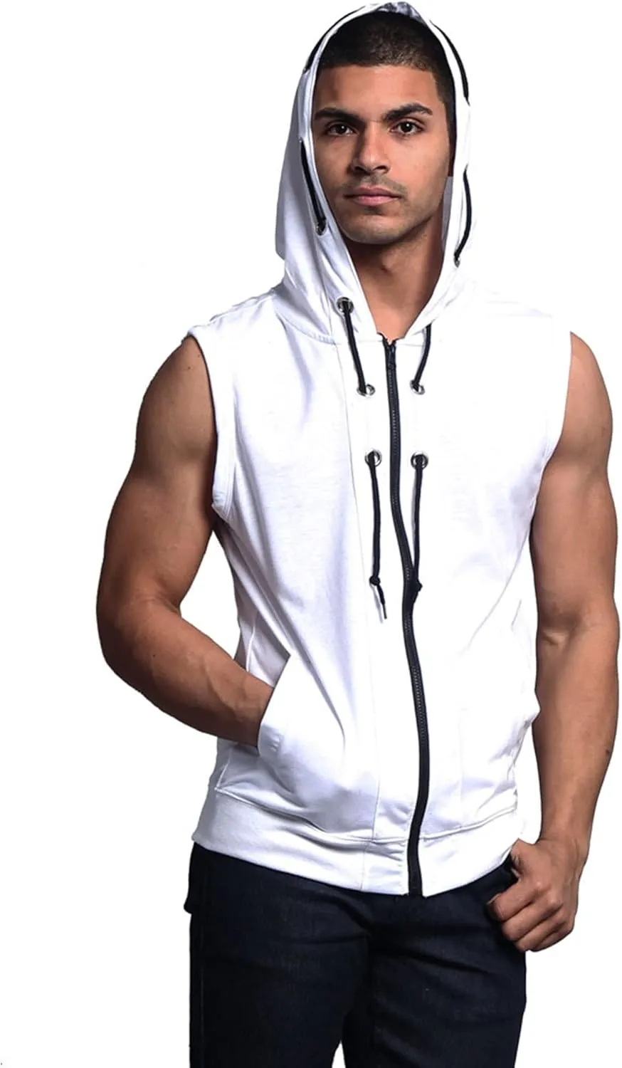 Men's Lightweight Athletic Casual Sleeveless Contrast Zipper Hoodie